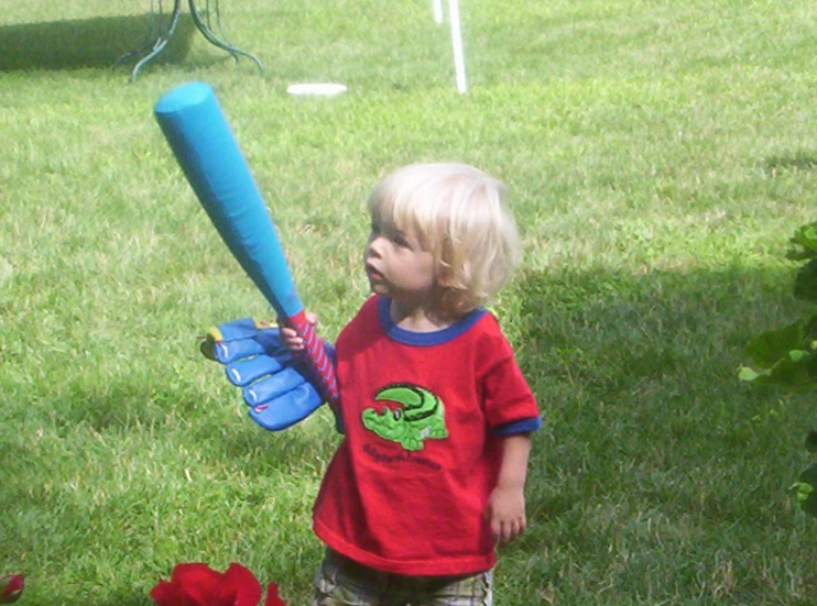 a little girl holding a baseball bat in the grass