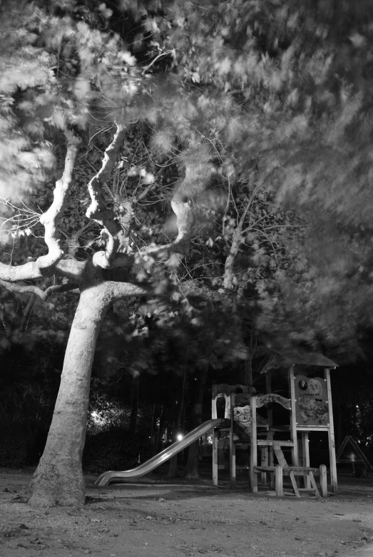 a black and white picture of an outdoor play area