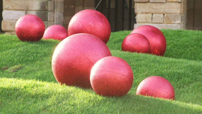 various stones sitting in the grass in front of an open door