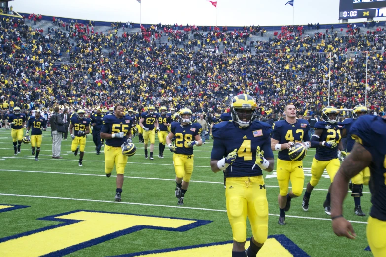 a football team is running onto the field with fans in the stands