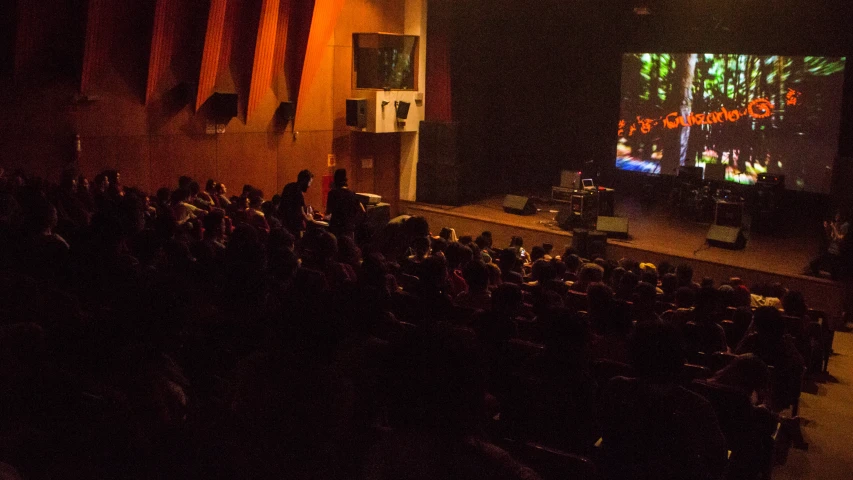 a very big crowd at a theatre watching the stage