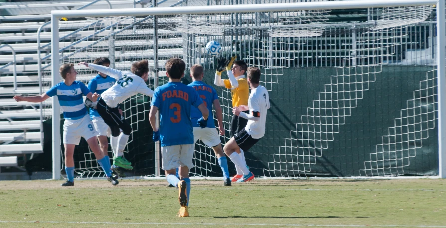 soccer players are attempting to block a s