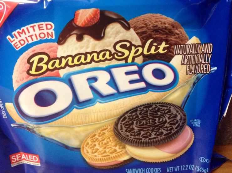 a bag of banana split oreo cookies with ice cream and jelly