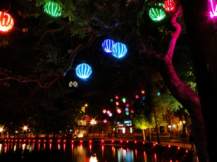 a tree with colorful lights around it in a park