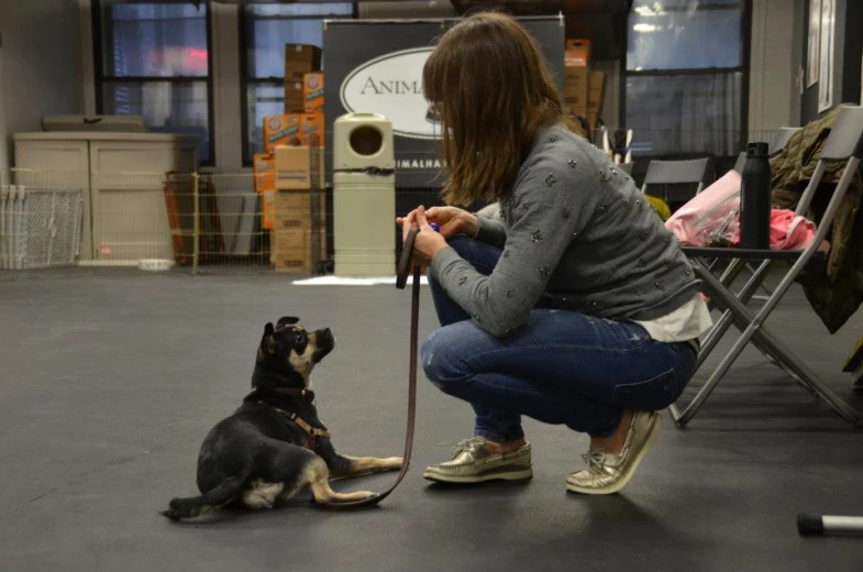 a woman sitting in a chair while she is holding a leash to her dog