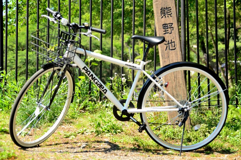 the bike is parked next to the tree in front of the fence