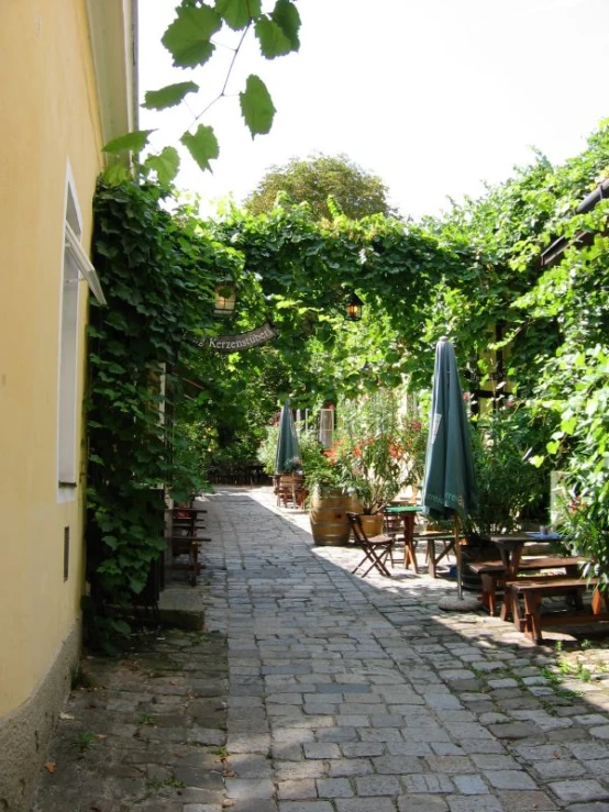 a path that leads to an outside dining area with green umbrellas