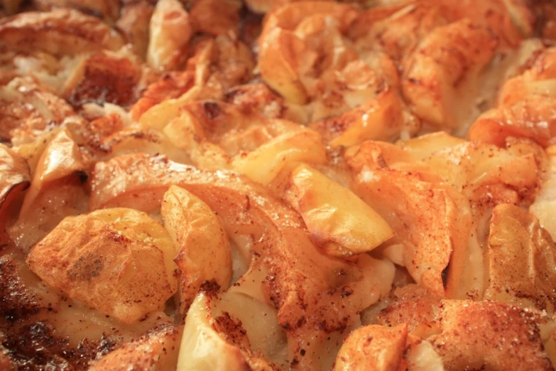 a closeup of cooked potatoes in an oven