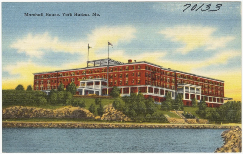 a painting of a red building on a hill near a body of water