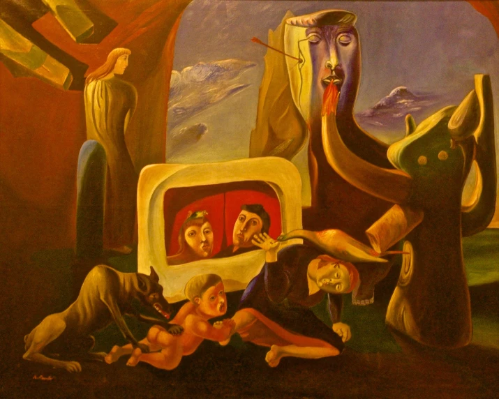 a painting with a group of people and animals