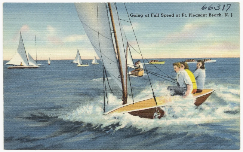 there is a postcard with a small sail boat on the water