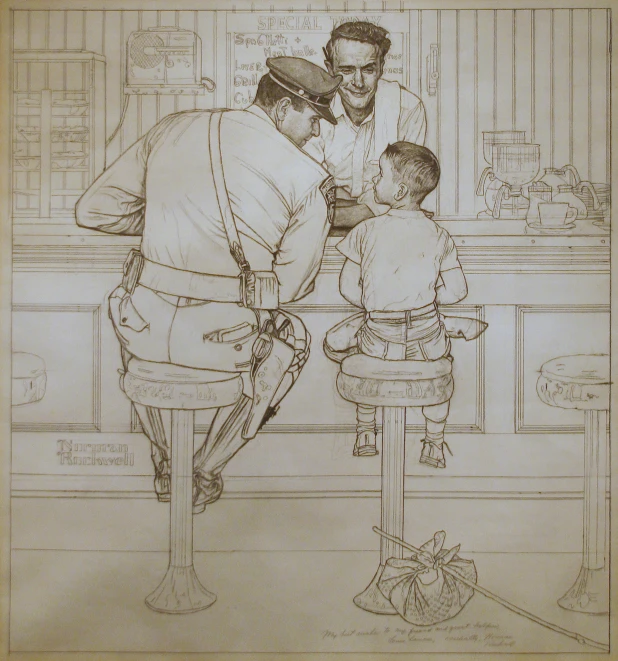a drawing of a man and a boy getting drinks at a bar
