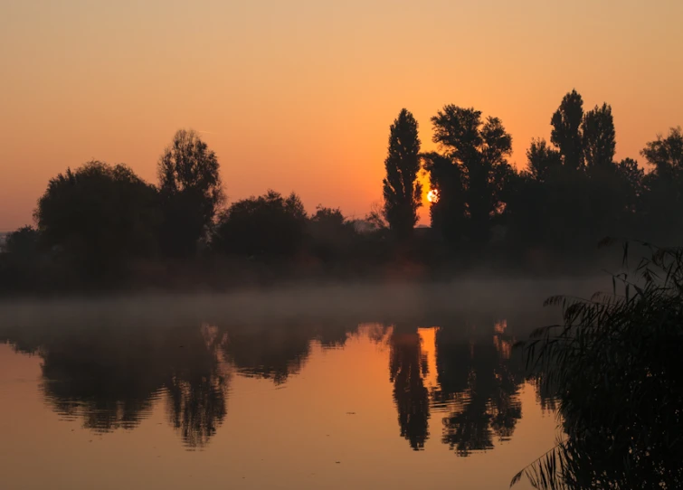 sun rising over the horizon and reflecting off a foggy river