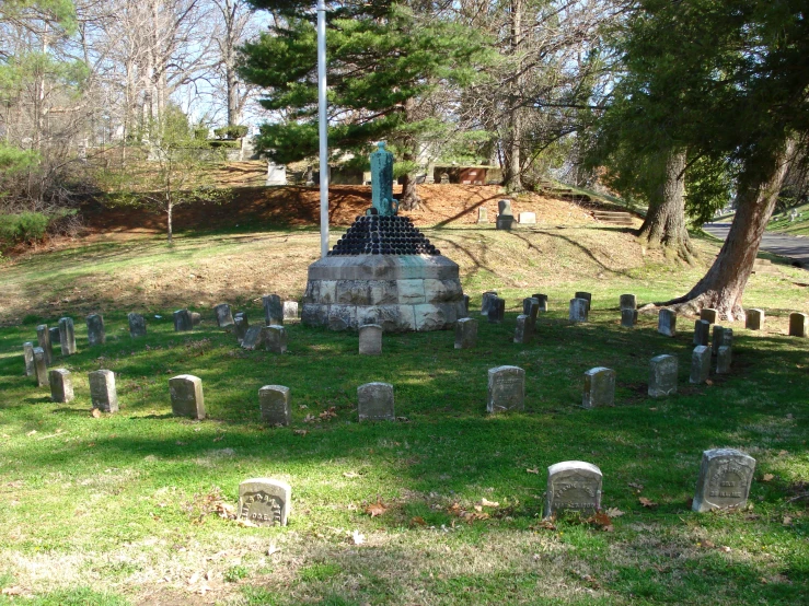 old graveyard with graves and the flags flying in the background