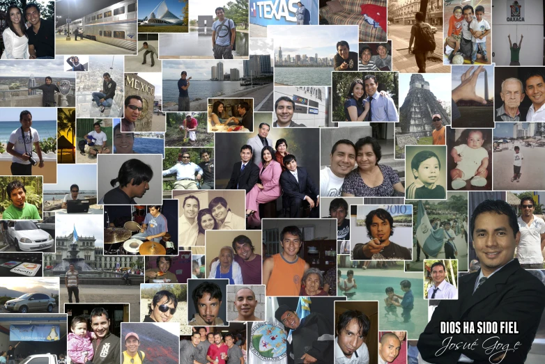 a large collage of pos, including two women and a man