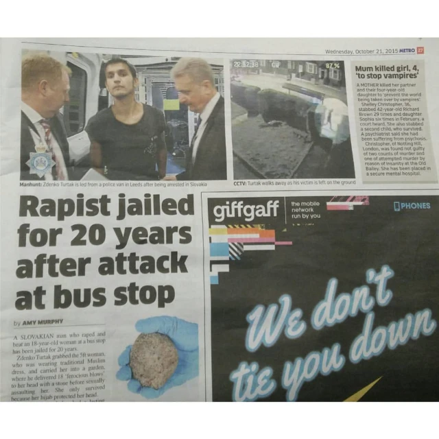 newspaper article with two men standing on bus platform