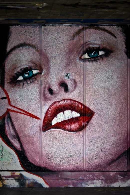 a painting of a woman with red lipstick and lipstick strips