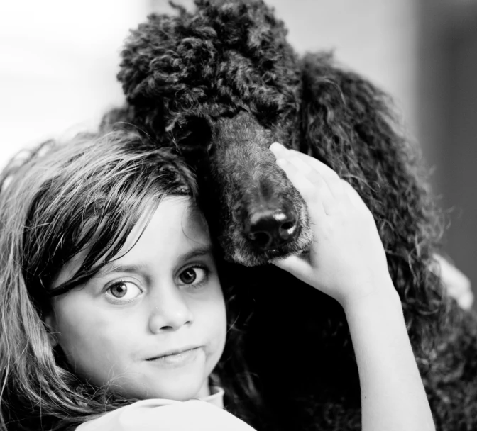 girl is leaning over a giant poodle on a man's head