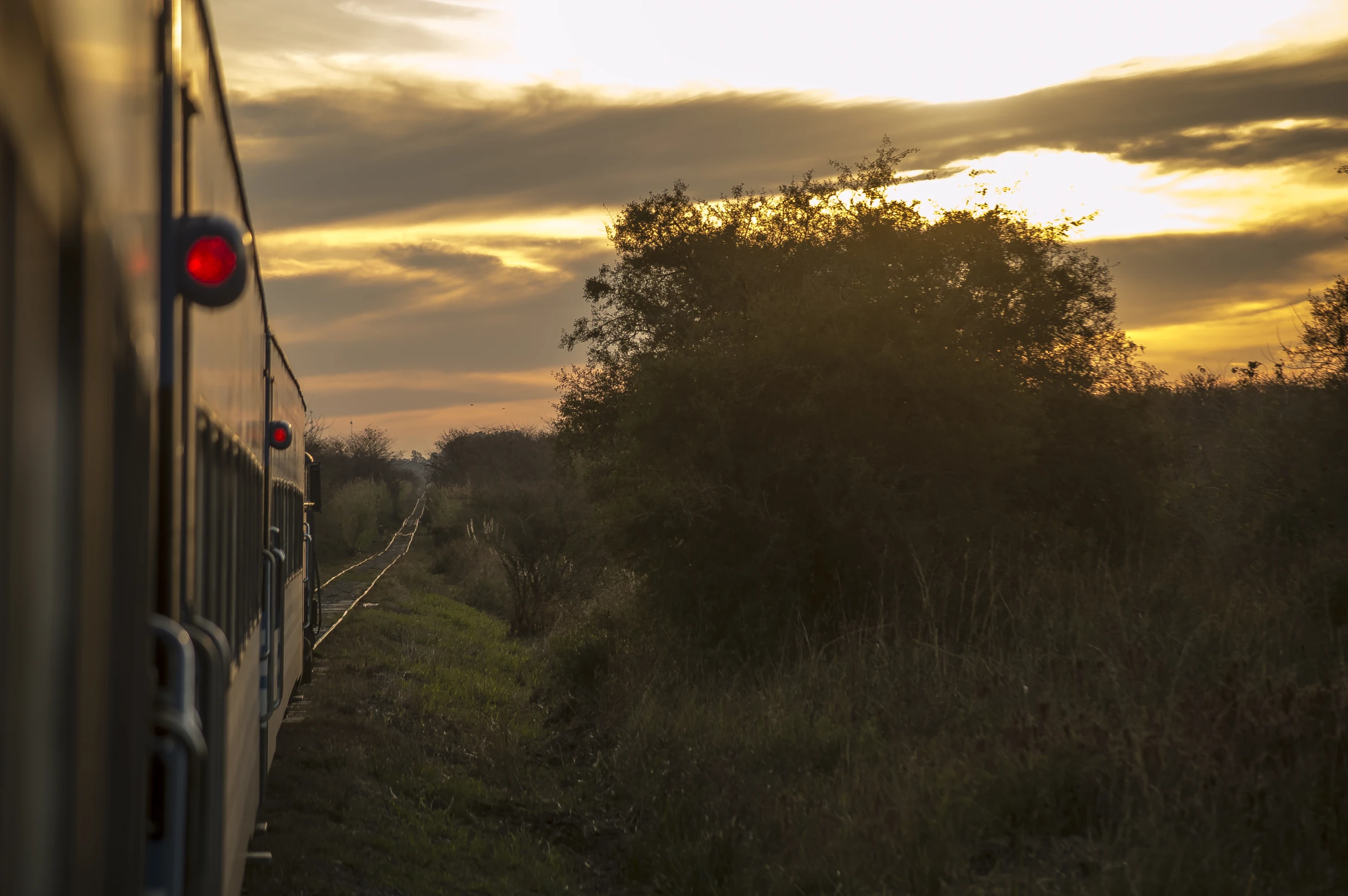 the back of a train going through the countryside