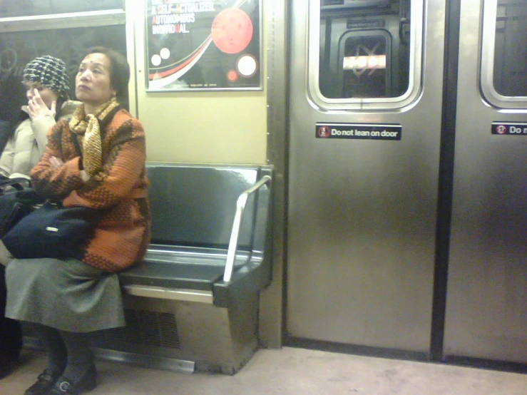 two women in winter coats on subway and two other women