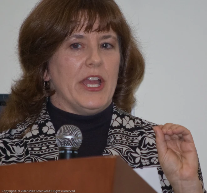 a woman is making a presentation on stage