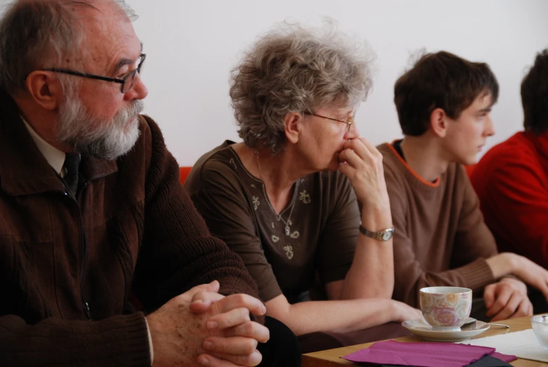 two older men and one younger woman at a table