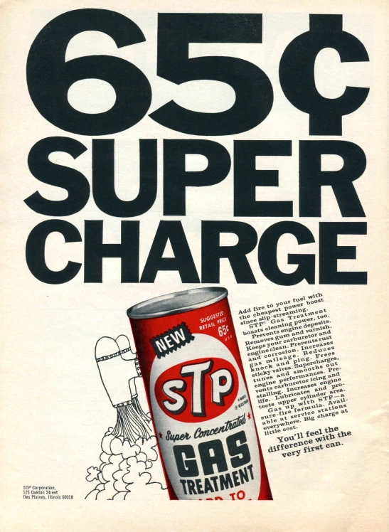 an old advertit of a red can with the caption 65 cents super charge