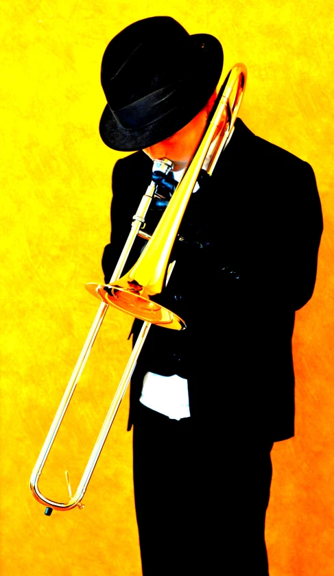 a man with a hat is playing the trumpet