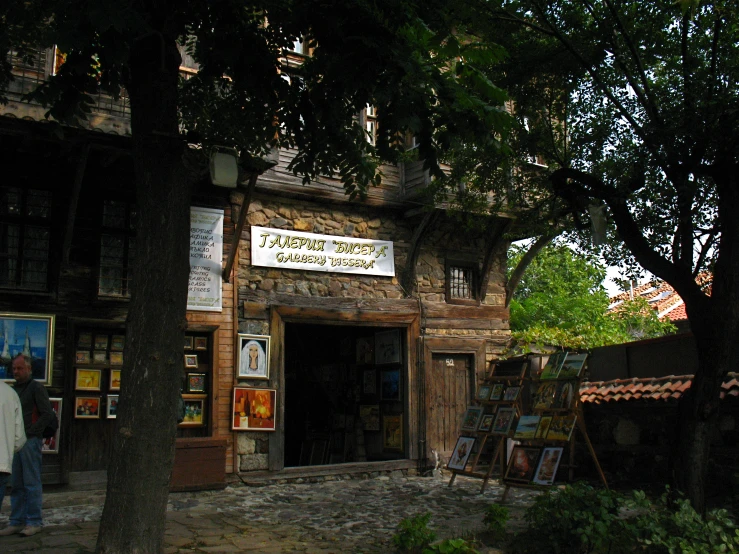 an old fashioned bookshop in a tree filled city