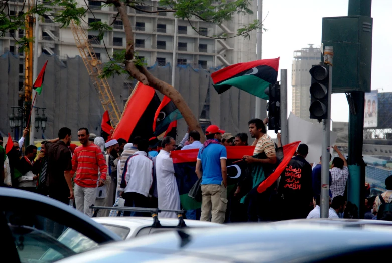 many people are carrying their national flags in the street