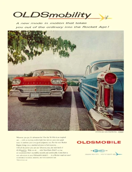 an advertit for oldsmobility, featuring cars in the middle of the street