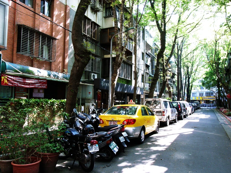 row of cars parked on side of street with bicycles and bicycles beside