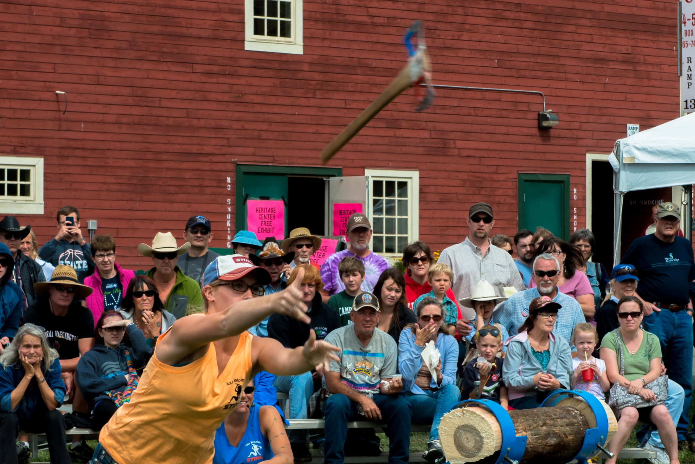 a crowd watches a woman play the game with a bat