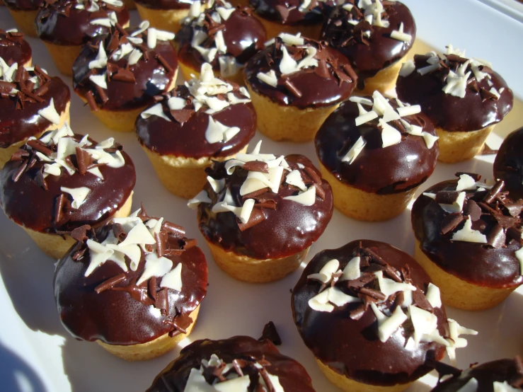 a tray of chocolate cupcakes that have sprinkles