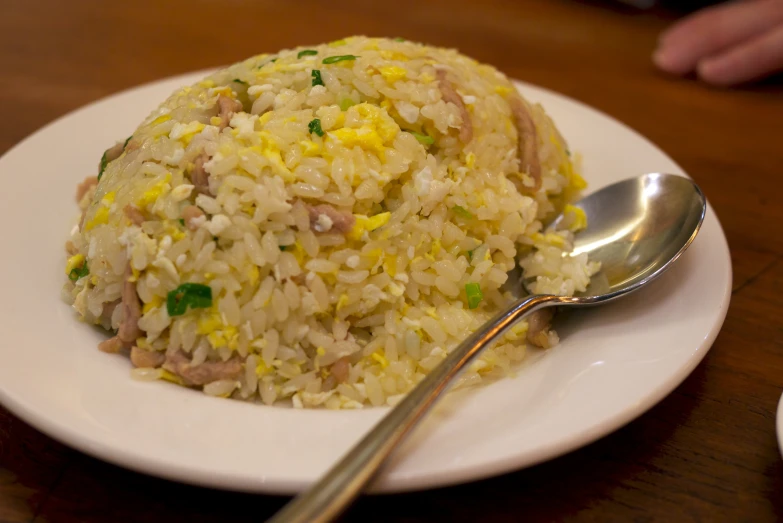 a plate with a fork on top of it and rice in a sauce