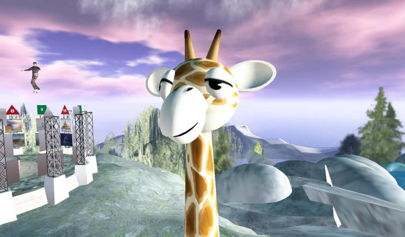 an animated giraffe looking at the camera in front of a mountain scene