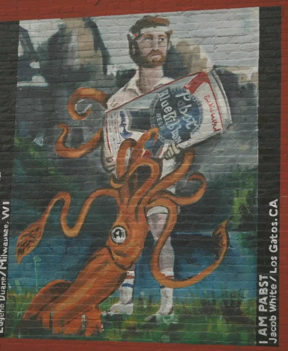 the painting is showing man with an octo holding a bottle of beer