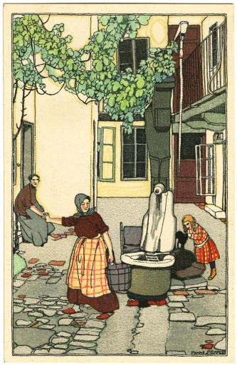 illustration of people in old - fashioned clothes standing around a small fountain