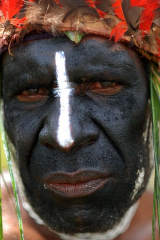 the face of a man wearing feathers painted on his face