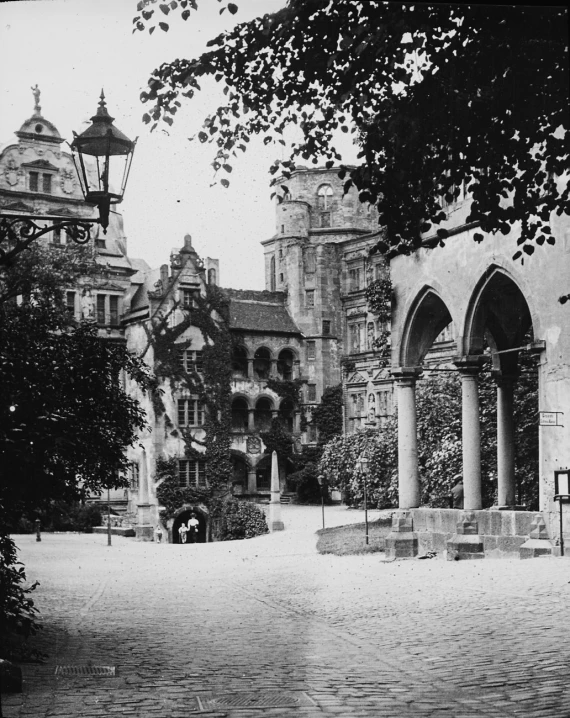 an old black and white po of a stone building