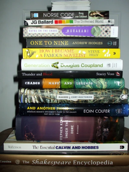 a stack of books piled high on top of each other