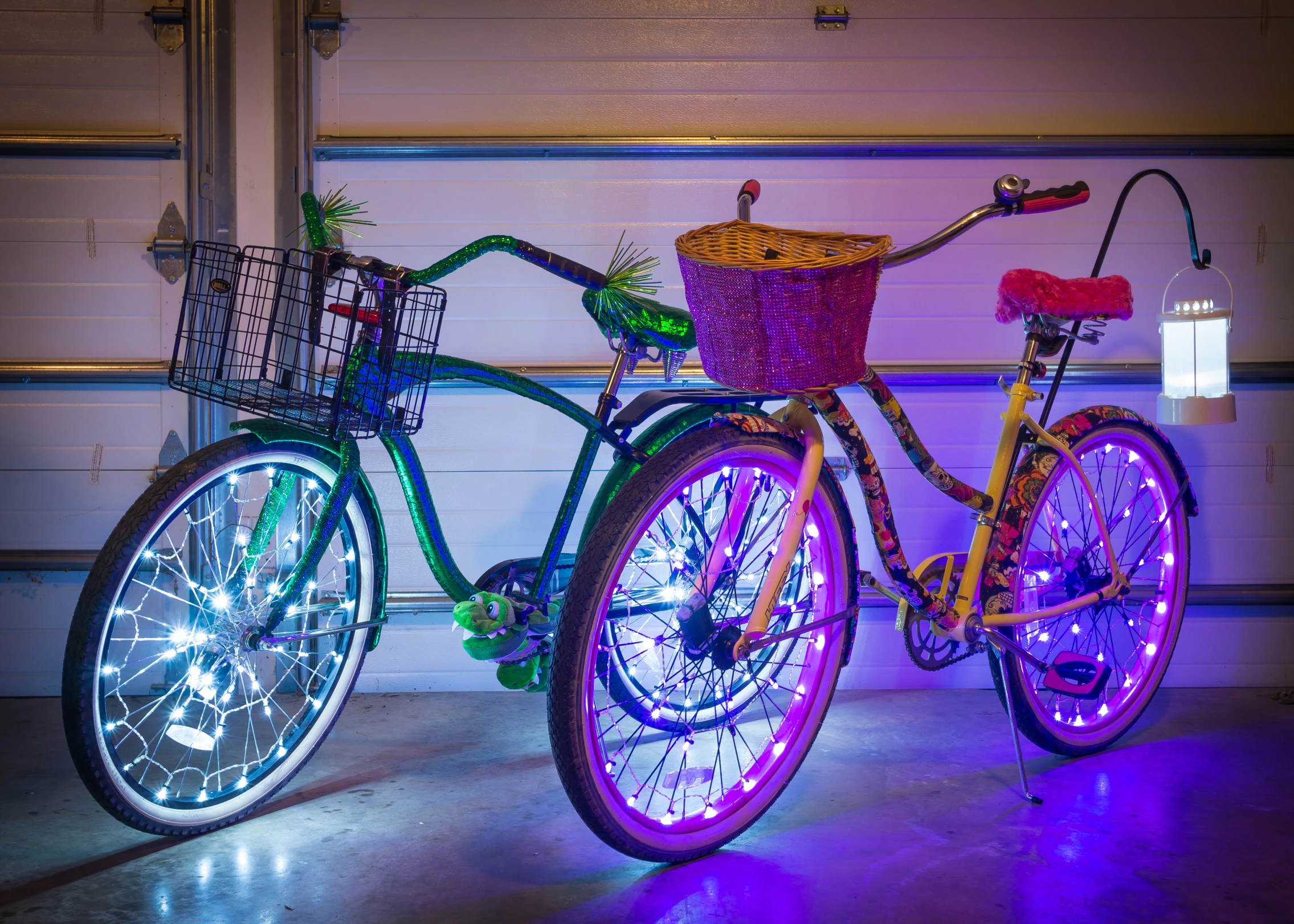 a bicycle with some lights around it and a basket