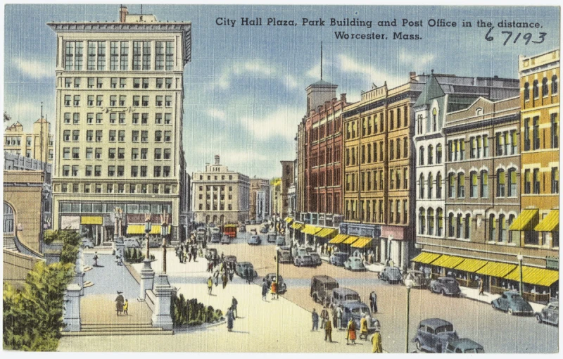 a vintage city picture shows a busy street