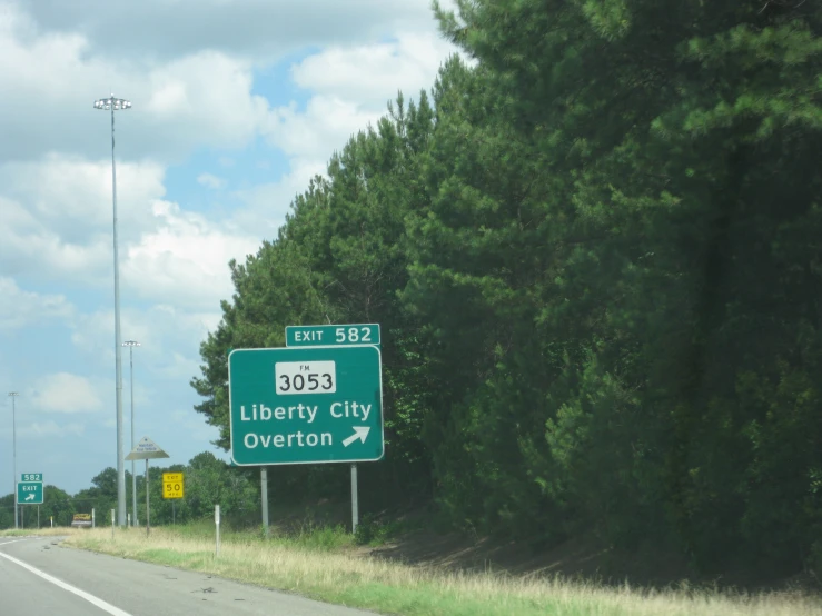 a street sign for liberty city avenue stands next to tall green trees