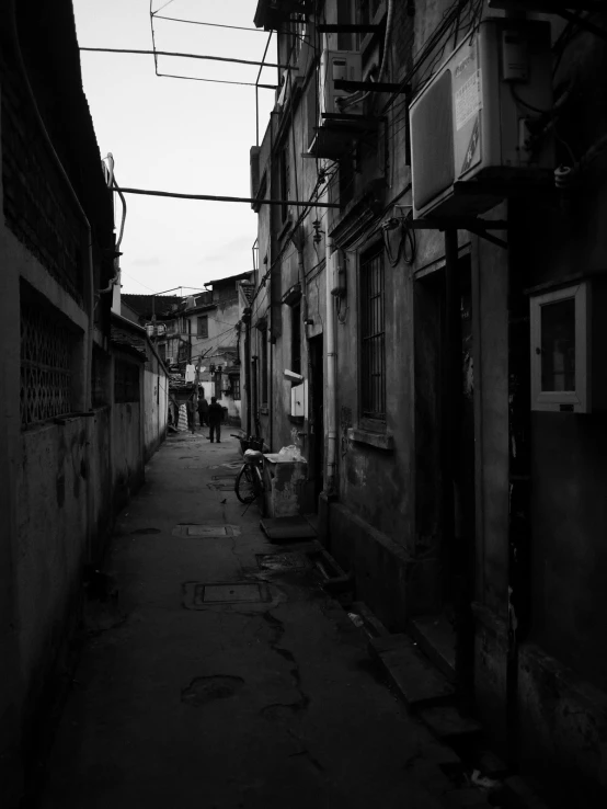 black and white po of an alley way