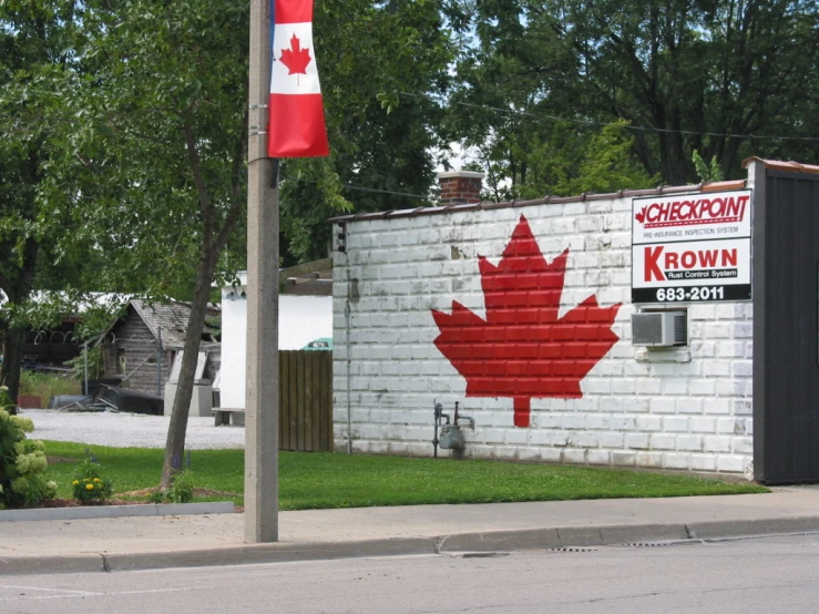 a canadian flag on the street pole near a store