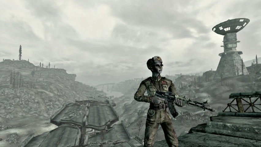 an animated person holding a weapon walking in front of a landscape