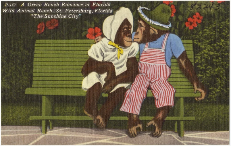 a vintage postcard shows a monkey on a bench with a girl