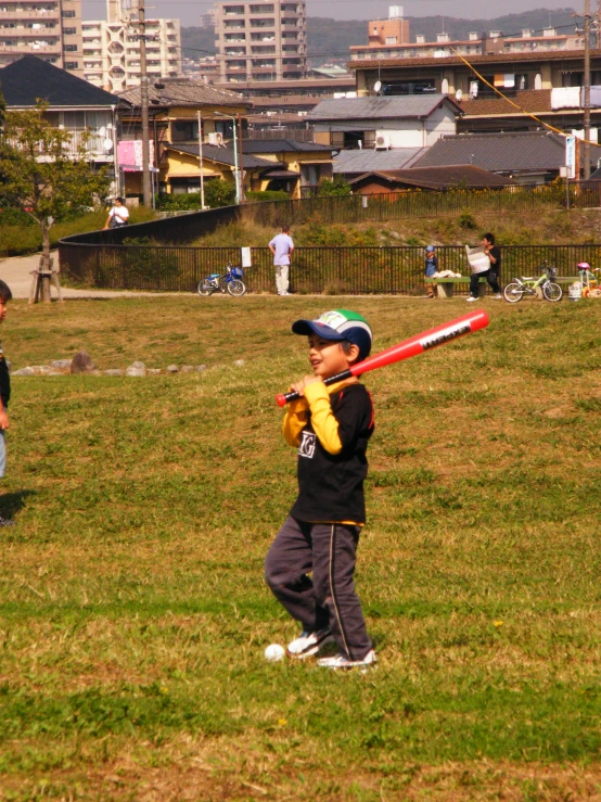a boy holding a baseball bat during the day