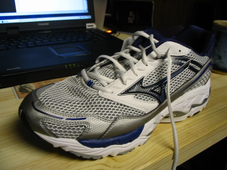 a laptop computer, two shoes and a shoelace